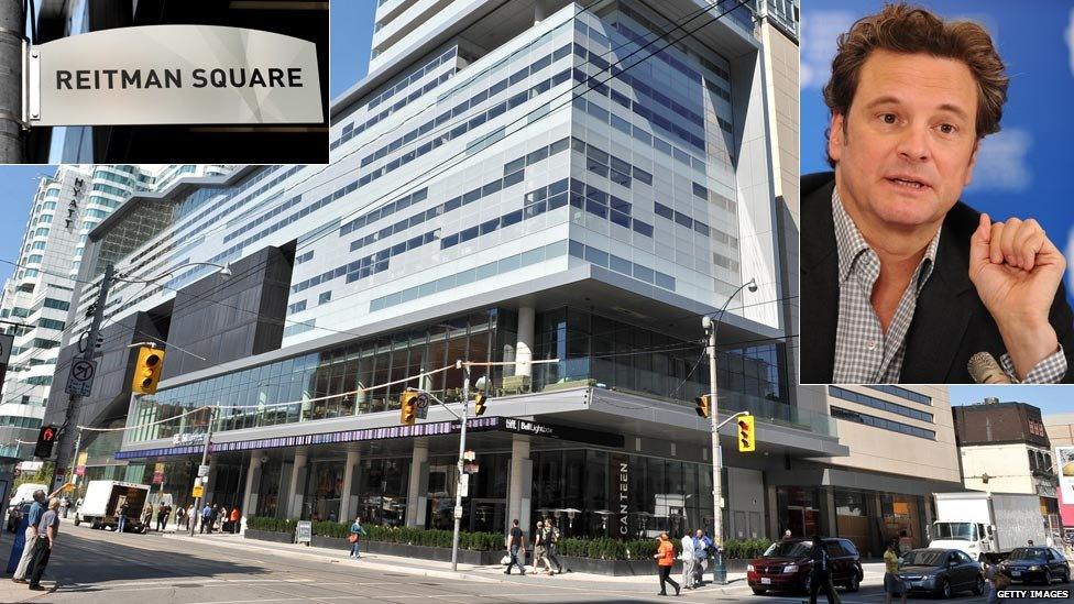 L to R: Reitman Square sign; TIFF Bell Lightbox exterior; Colin Firth