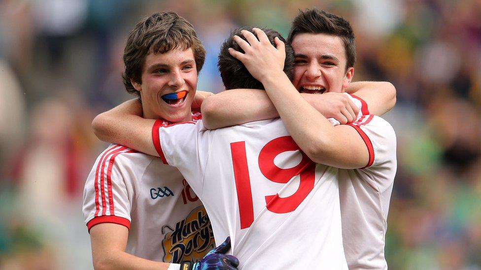 Tyrone minors David Mulgrew, Tiarnan Donnelly and Lee Brennan celebrate after their semi-final win over Roscommon