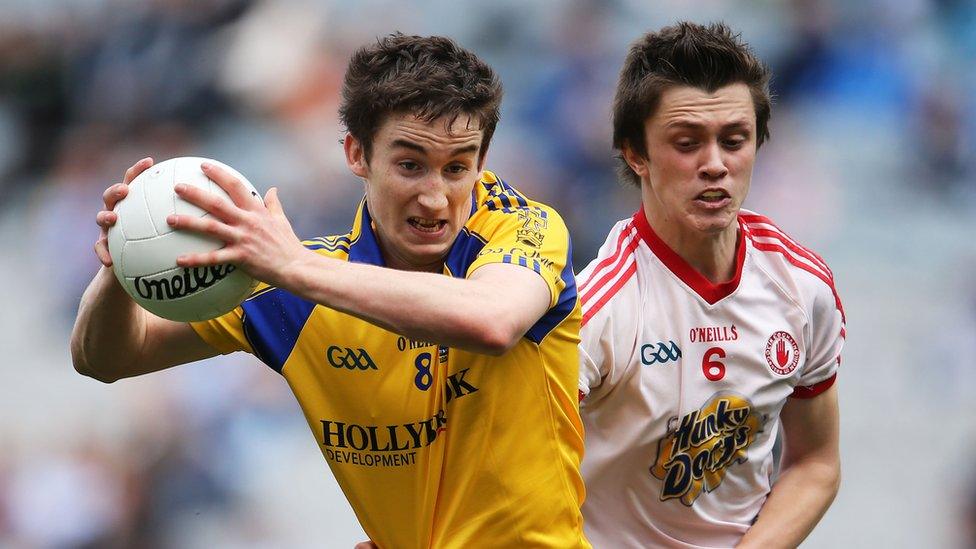 Roscommon's Cathal Compton is challenged by Tyrone's Christopher Morris during the All-Ireland semi-final