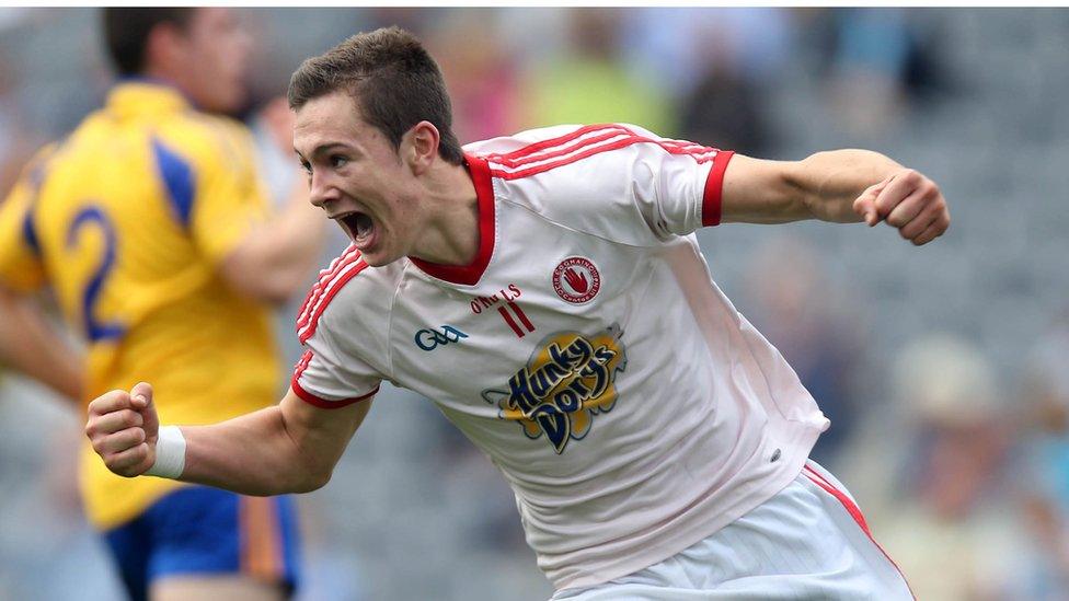 Conor McKenna wheels away after scoring the vital only goal of the game for Tyrone against Roscommon