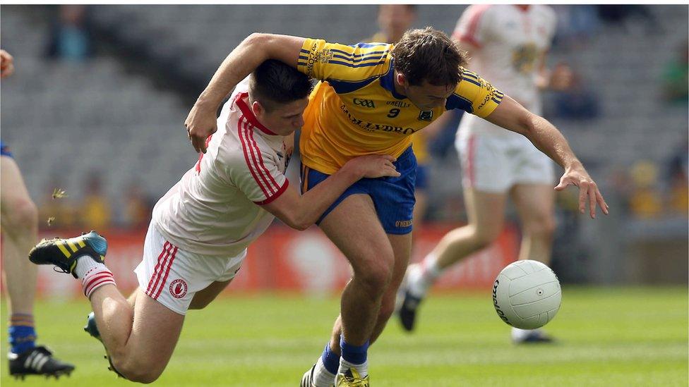 Cillian McCann gets to grips with Ultan Hanley during the All-Ireland minor semi-final