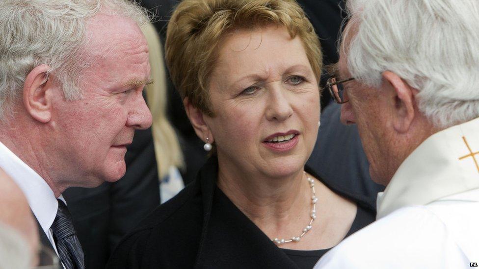 The funeral was attended by members of the Irish government past and present, including former Irish President Mary McAleese, seen here with Deputy First Minister of Northern Ireland, Martin McGuinness.