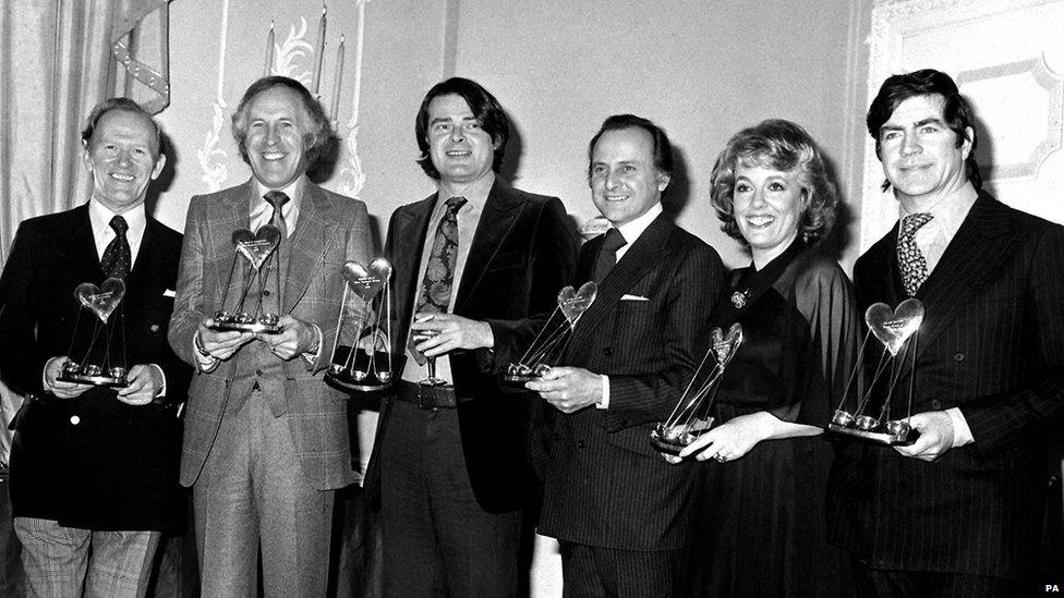 From left: Gordon Jackson, Bruce Forsyth, Simon Gray, David Jacobs, Esther Rantzen and Alan Bates at the Variety Club of Great Britain's show business lunch in 1976