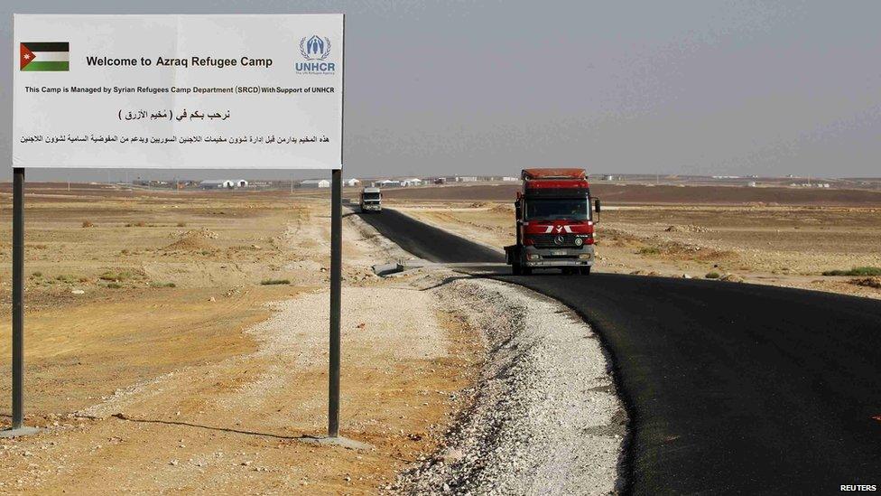 A welcome sign at Azraq Syrian Refugee Campnear Al Azraq, 80km (50 miles) east of Amman, on 1 September 2013.