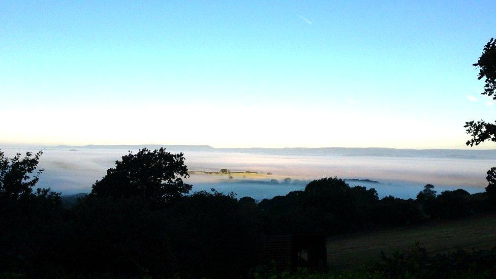 View across a misty Usk Valley