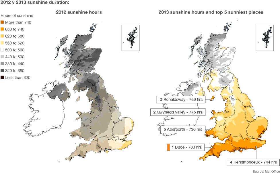 Map showing hours of sunshine in 2012 and 2013