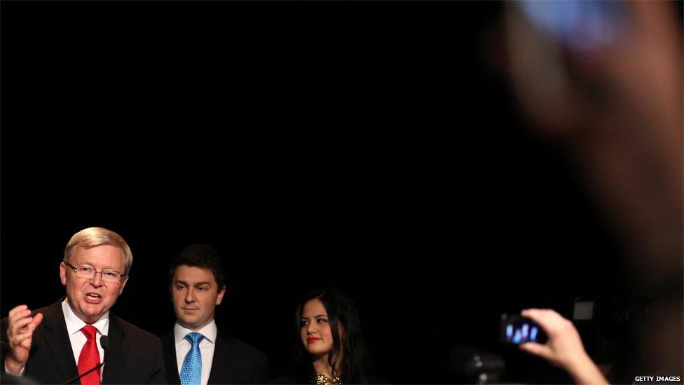 Kevin Rudd speaks to supporters on stage as he concedes in the 2013 Australian election at The Gabba on 7 September