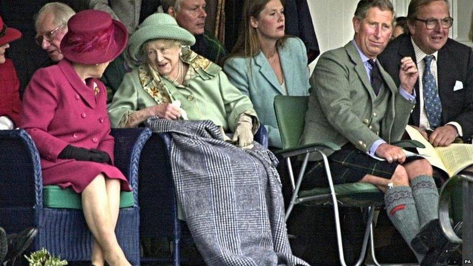 The Queen Mother and Prince Charles at the Braemar Gathering in 2000