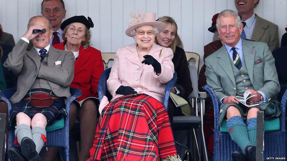 The Duke of Edinburgh, the Queen and Prince Charles at the Braemar Gathering