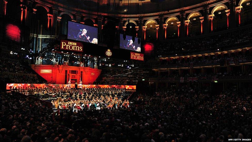 This pictures shows a general view as US conductor Marin Alsop conducts the orchestra at the Royal Albert Hall in west London on September 7, 2013 during the Last Night of the Proms