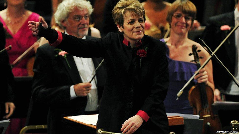 US conductor Marin Alsop conducts the orchestra at the Royal Albert Hall in west London on September 7, 2013 during the Last Night of the Proms