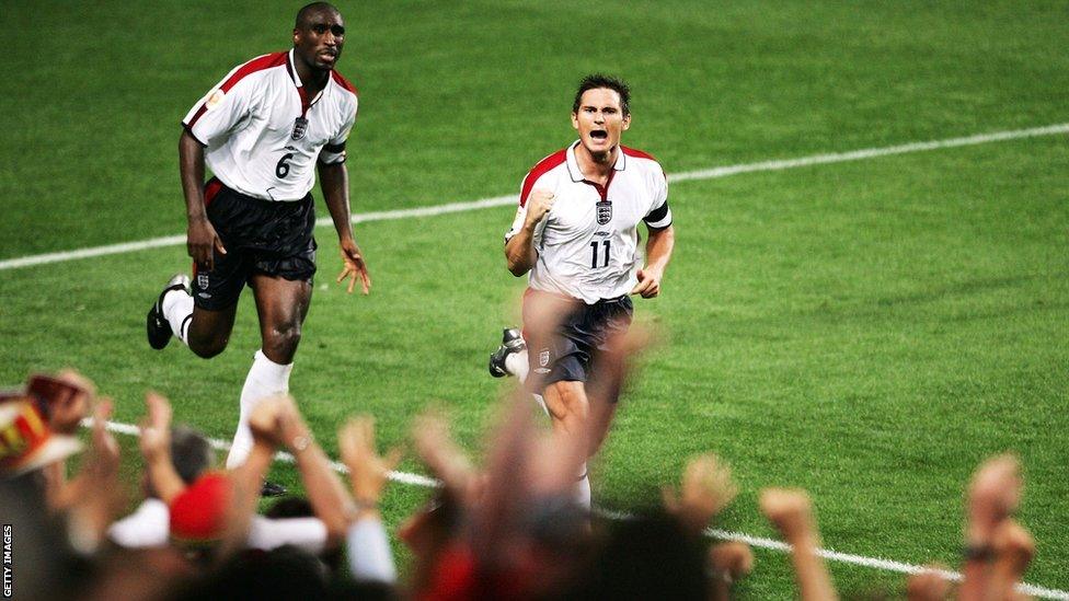 Frank Lampard celebrates scoring against Portula in Euro 2004.