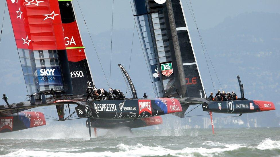 Team New Zealand (left) and Oracle Team USA (right) contest the 34th America's Cup