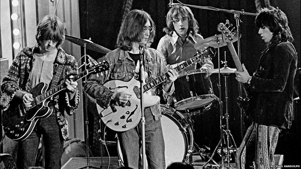 Dirty Mac supergroup with Eric Clapton, John Lennon, Mitch Mitchell and Keith Richards at The Rolling Stones Rock and Roll Circus