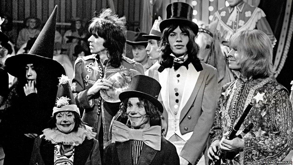 Yoko Ono, Keith Richards, Mick Jagger and Brian Jones at The Rolling Stones Rock and Roll Circus