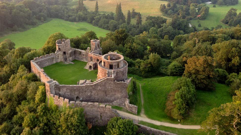 Dinefwr Castle in Carmarthenshire as seen from a balloon