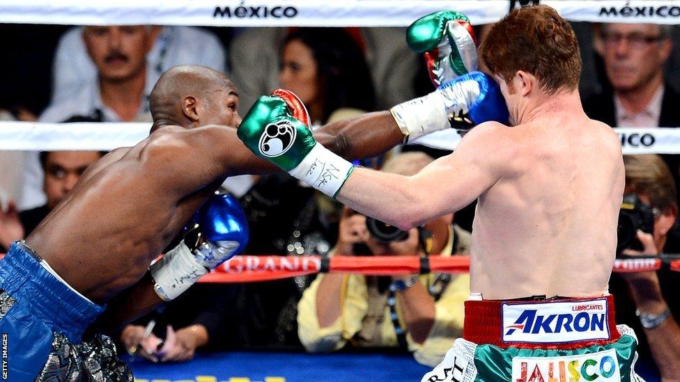 Floyd Mayweather connects against Saul Alvarez