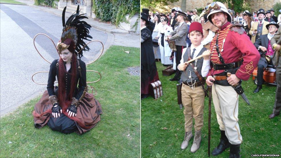 A woman dressed as a fairy and a man dressed as a Victorian hunter