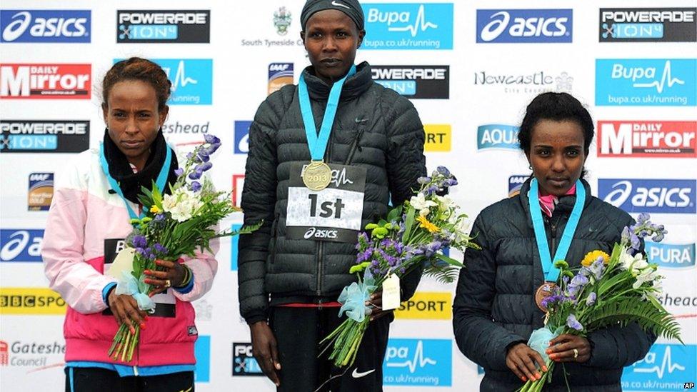 Priscah Jeptoo, centre, with Meseret Defar, left, and Tirunesh Dibaba who came third in the women's elite Great North Run