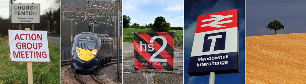 HS2 pictures: Church Fenton "Action Group Meeting" sign; high speed train; "HS2 will cross here" banner; Meadowhall Interchange sign; empty field with tree