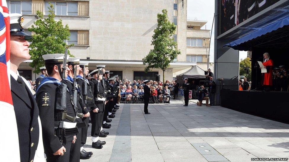 Freedom of the city parade speech in the centre of Plymouth
