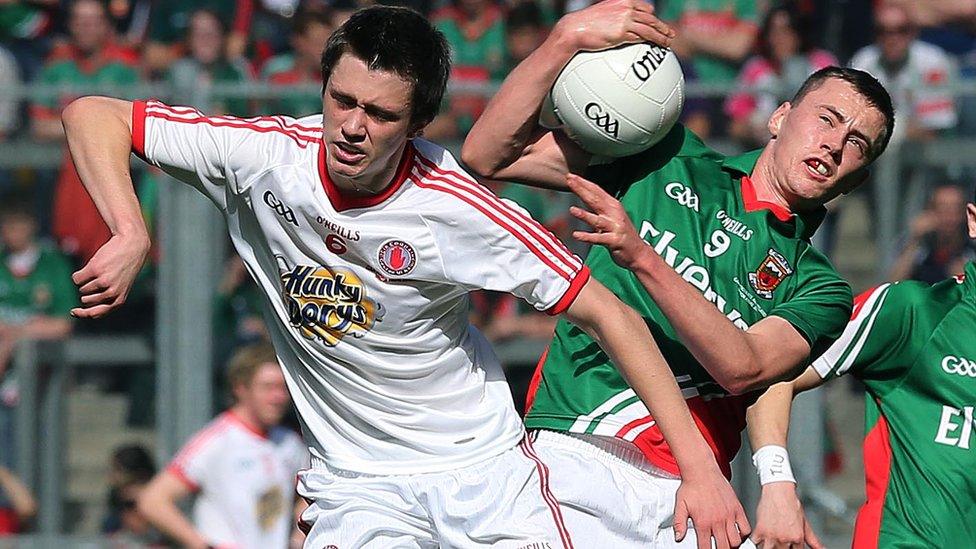 Tyrone's Christopher Morris and Diarmuid O'Connor of Mayo in action during the All-Minor final which Mayo won 2-13 to 1-13