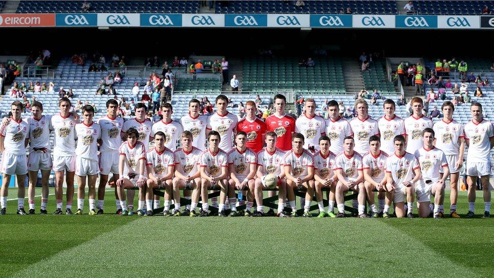 Tyrone's players pose for the pre-match team photograph before facing Mayo in the final of the 2013 All-Ireland Minor Football Championship at Croke Park