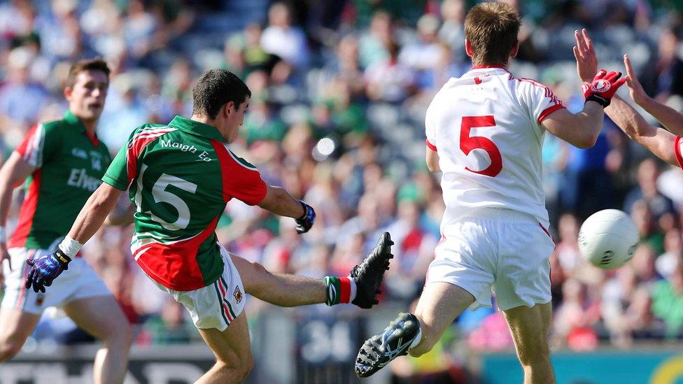 Tommy Conroy shoots in Mayo's goal just before half-time to give them a 1-4 to 0-6 lead at the interval