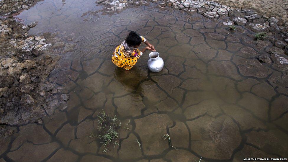 Girl collects water from a puddle