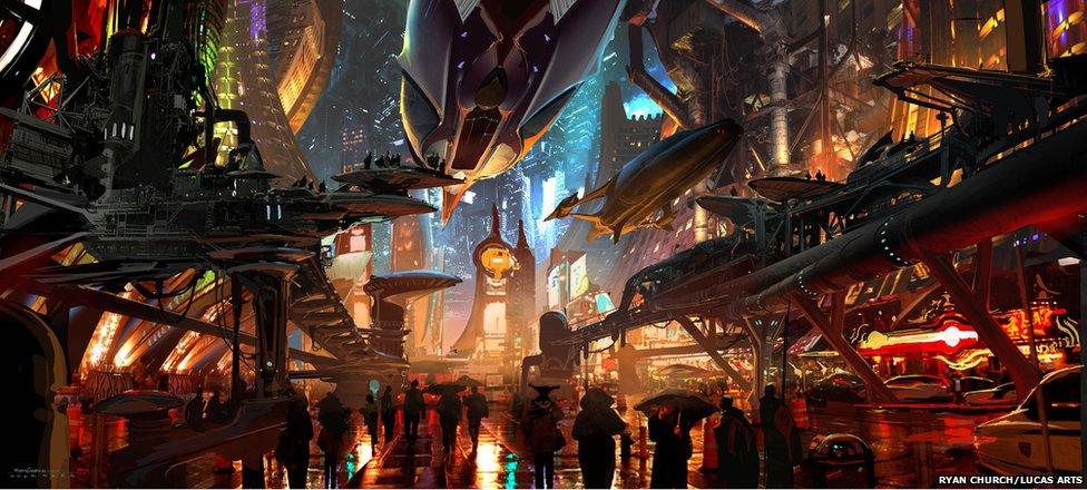 Ryan Church: Coruscant underworld entertainment corridor. Concept art for Star Wars 1313 - proposed video game (Digital)