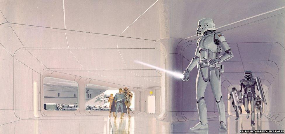 Ralph McQuarrie: Armed Stormtroopers on the floating prison planet Alderaan: Concept art for A New Hope