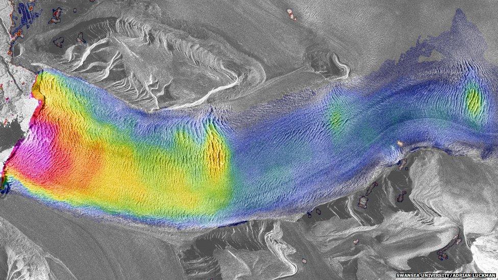 This is Kronebreen, the fastest-flowing glacier on Arctic Spitsbergen, with satellite radar images taken 11 days apart. Adrian Luckman (Geography)