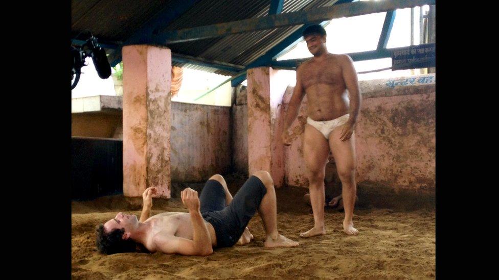 Mark Beaumont wrestling in the akhara