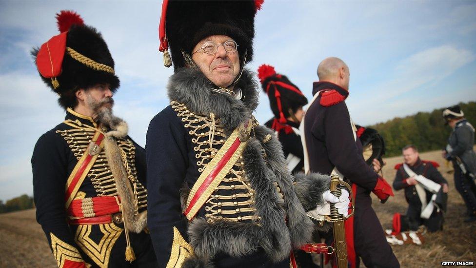 Historical enthusiasts dressed as French Imperial Guards, re-enactment of the Battle of the Nations, Leipzig (20 October)