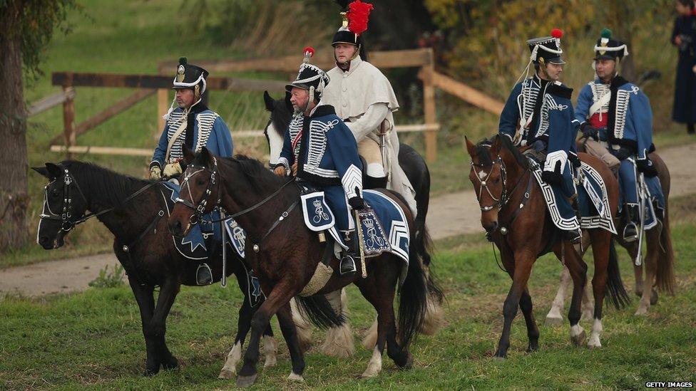 Participants dressed as Saxon Hussars at the re-enactment of the Battle of Leipzig (20 October)