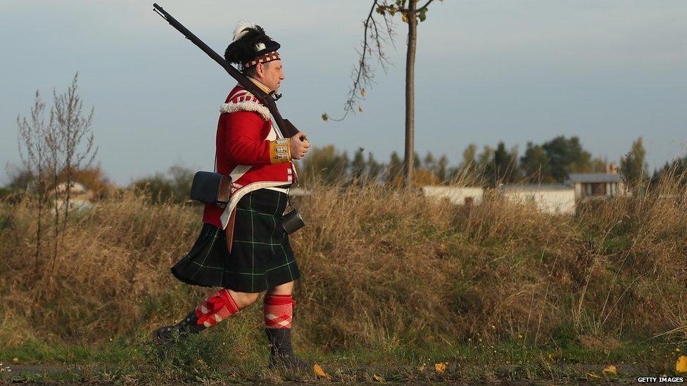 Historical enthusiast dressed as Scottish Northern Highlander, re-enactment of the Battle of Leipzig (20 October)