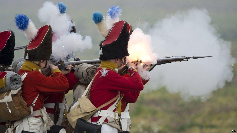 Historical enthusiasts dressed as Saxon troops fighting for Napoleon, re-enactment of the Battle of the Nations, Leipzig (20 October)