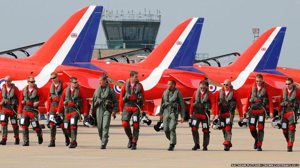 Formula 1 drivers David Coulthard and Lewis Hamilton join the crew of the Red Arrows