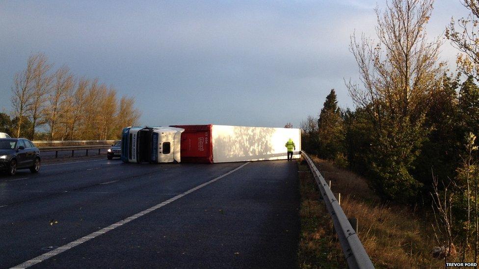 An overturned lorry on the M11. Photo: Trevor Ford