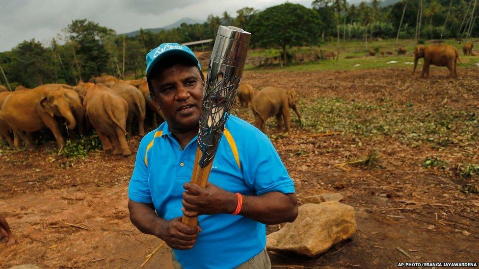 Sri Lankan athletic official holds the Queen's Baton during the Commonwealth baton relay at the Pinnawala elephant orphanage in the Kegalle District of Sri Lanka.