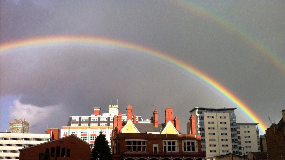 A double rainbow over Cardiff city centre