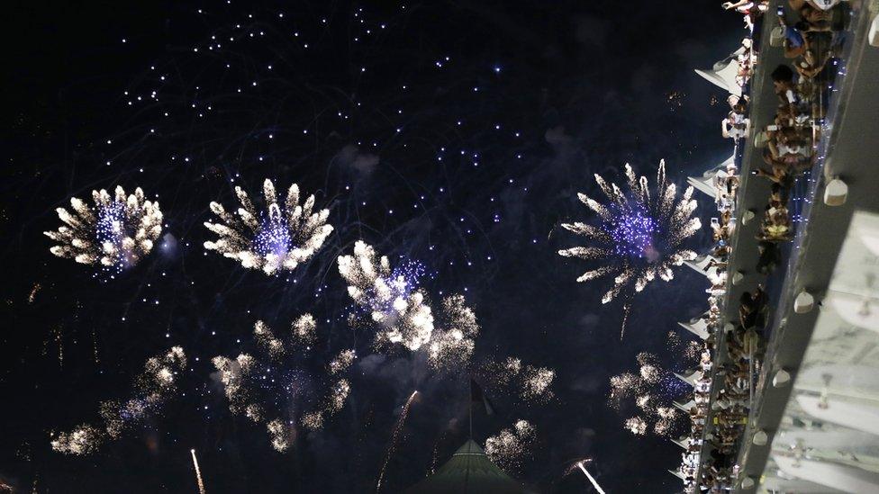 Fireworks explode at the end of the Abu Dhabi Grand Prix