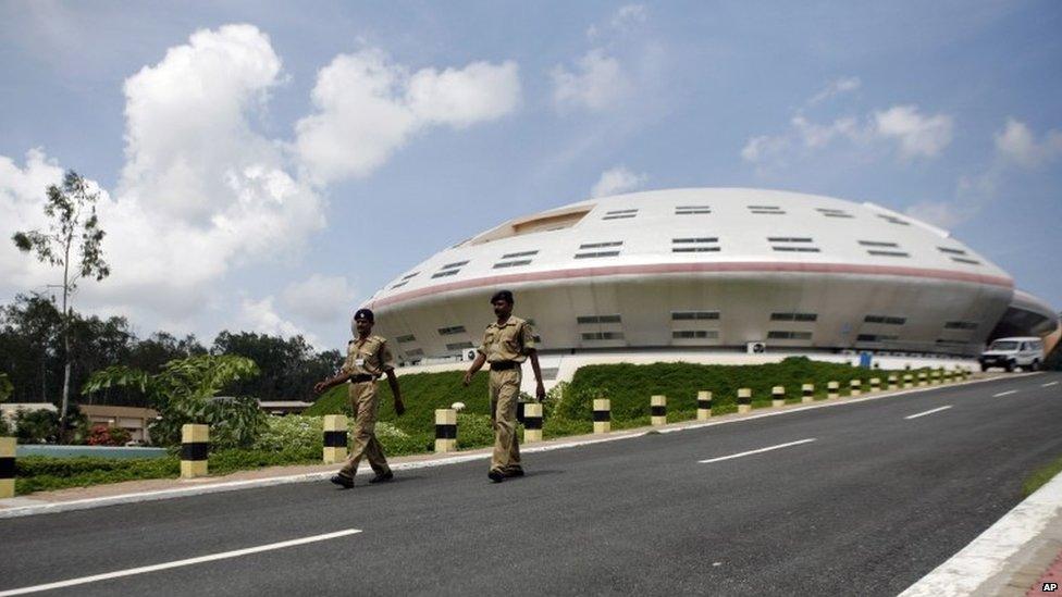 Paramilitary soldiers patrol the control station for the mission to Mars at the Satish Dhawan Space Center at Sriharikota, in the southern Indian state of Andhra Pradesh