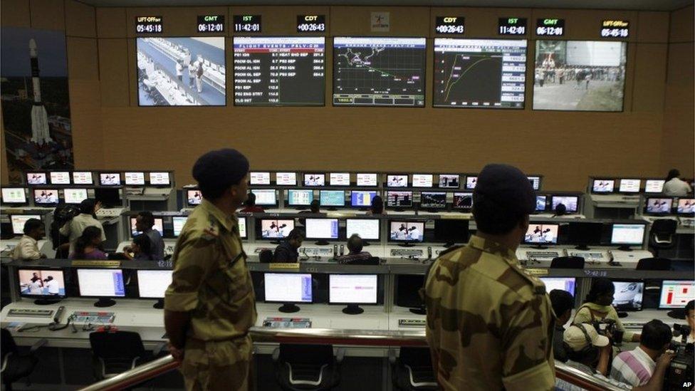 Paramilitary soldiers stand guard at the control station of the Satish Dhawan Space Centre at Sriharikota, in the southern Indian state of Andhra Pradesh