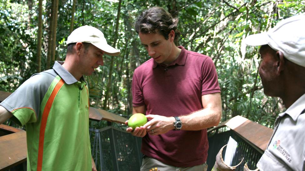 BBC Queen's Baton Relay presenter Mark Beaumont hold a rare cassowary egg