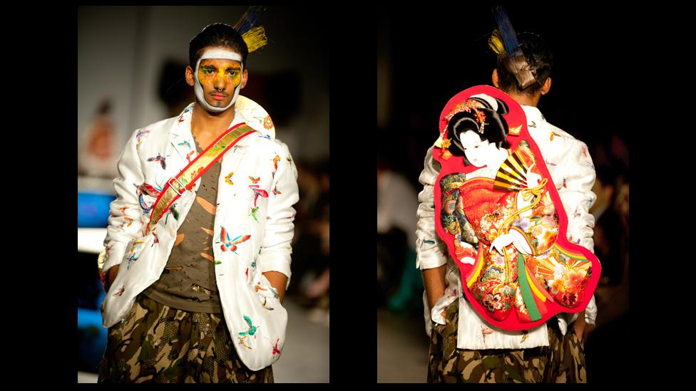 A model on the catwalk during Fashion in Motion: Kansai Yamamoto at the V&A, London, 1 November 2013.