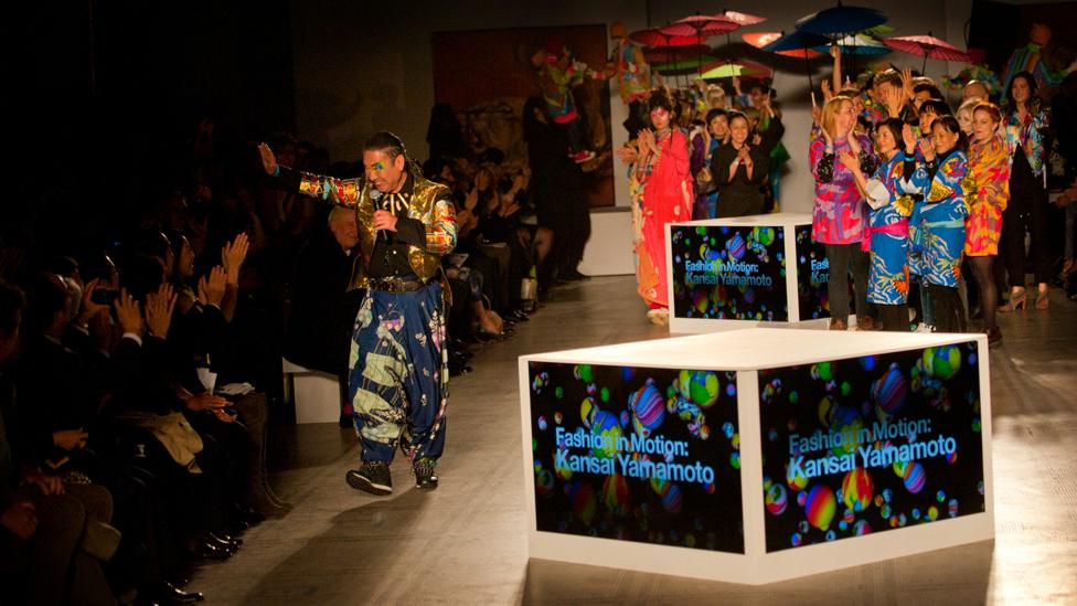 Kansai Yamamoto thanks the audience at his Fashion in Motion show at the V&A, London, 1 November 2013.