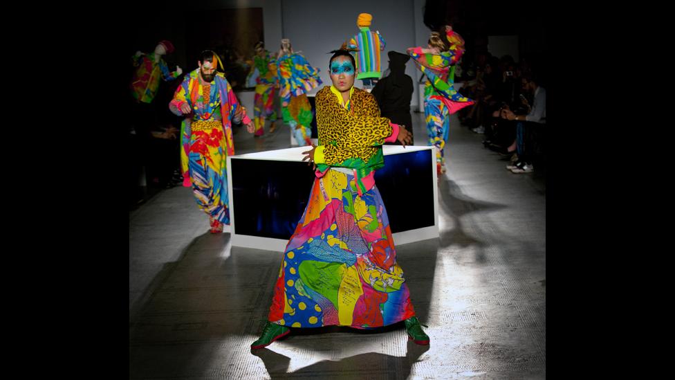 A model on the catwalk during Fashion in Motion: Kansai Yamamoto at the V&A, London, 1 November 2013.