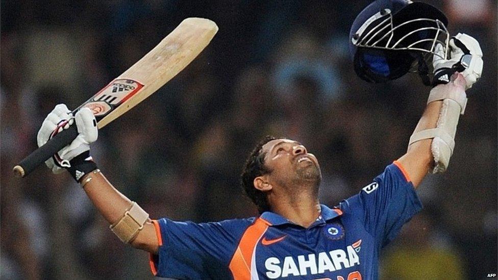 Sachin Tendulkar after scoring a world record-breaking double century (200 runs) during the second One Day International (ODI) cricket match against South Africa in India on 24 February 2010