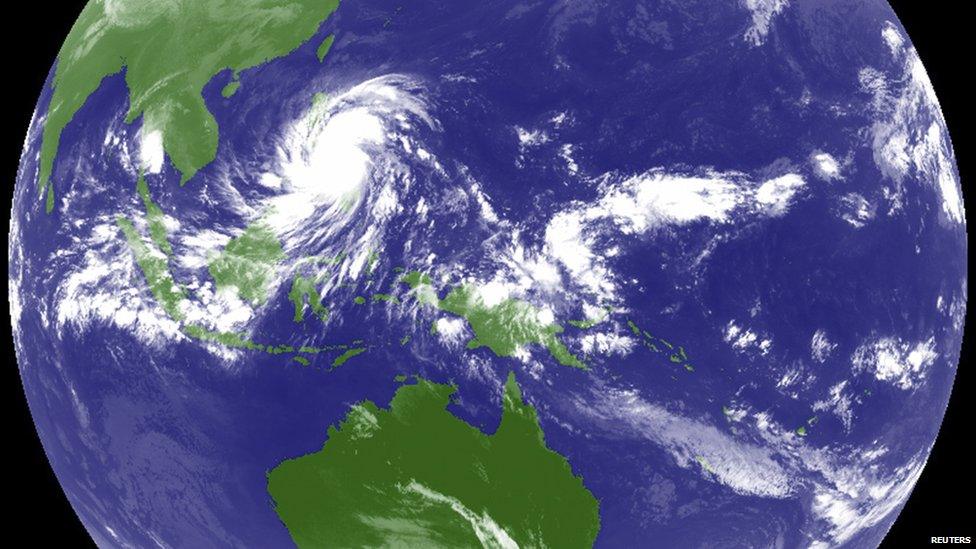 Typhoon Haiyan hits the Philippines in this weather satellite image, taken at 0200 UTC 8 November 2013